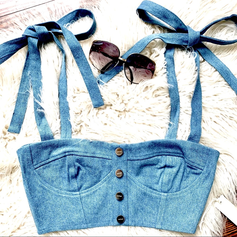 Revolve Capulet strappy button front denim bustier style crop top NWT Sz XS